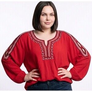 Catherine's 4X Exquisite Embroidered Vent Sleeve Red Rayon Blouse Women's Plus